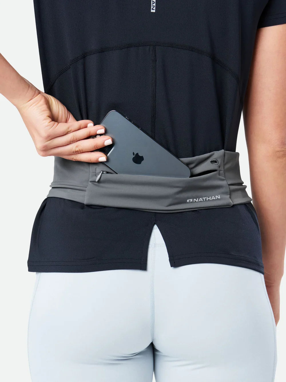 Nathan Adjustable-Fit Zipster 2.0. Gravity Grey. Rear view.