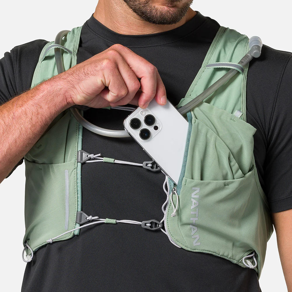 Nathan Pinnacle Pro 12 liter hydration race vest. Sage Green