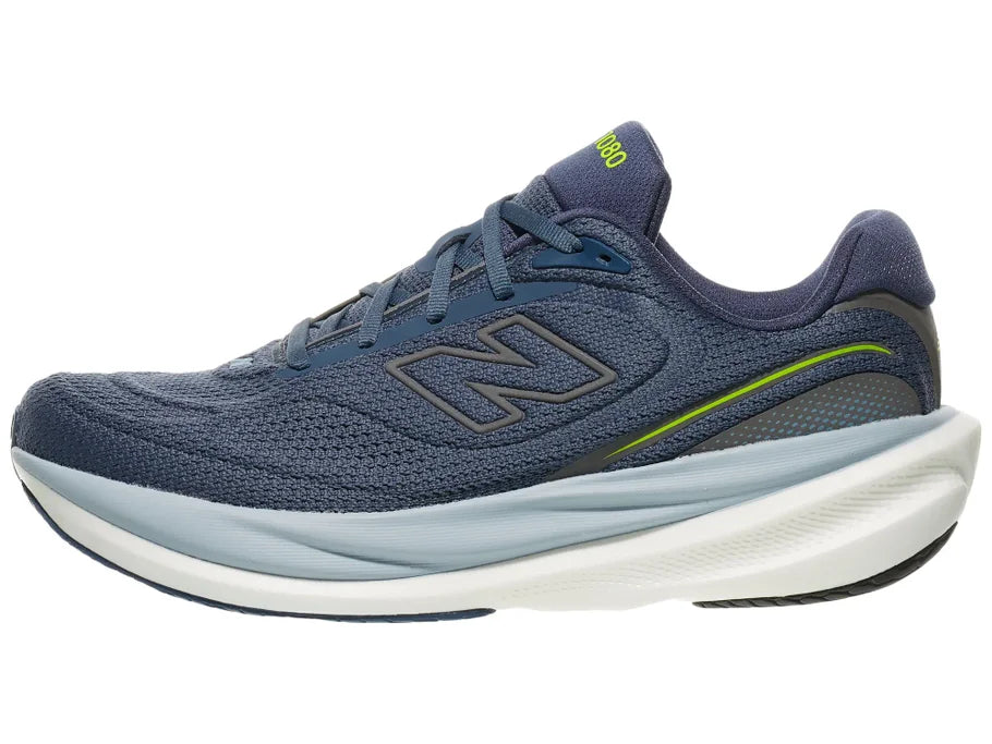 New Balance 1080 v15 men's running shoe in Vintage Indigo/Alkaline Green — lateral view