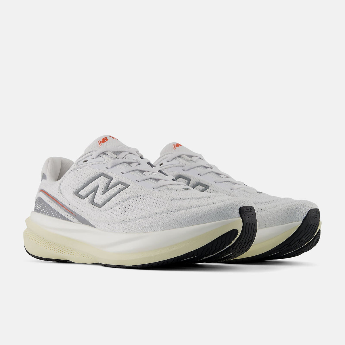 New Balance 1080 v15 men's running shoe in White/Neo Flame — angled view
