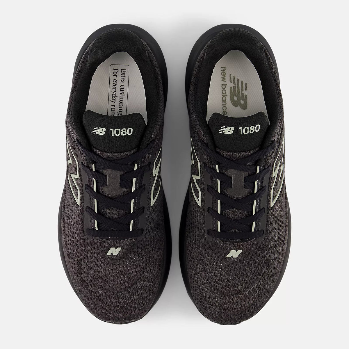 New Balance 1080 v15 women's running shoe in Black/Olivine/Faded Black — top view