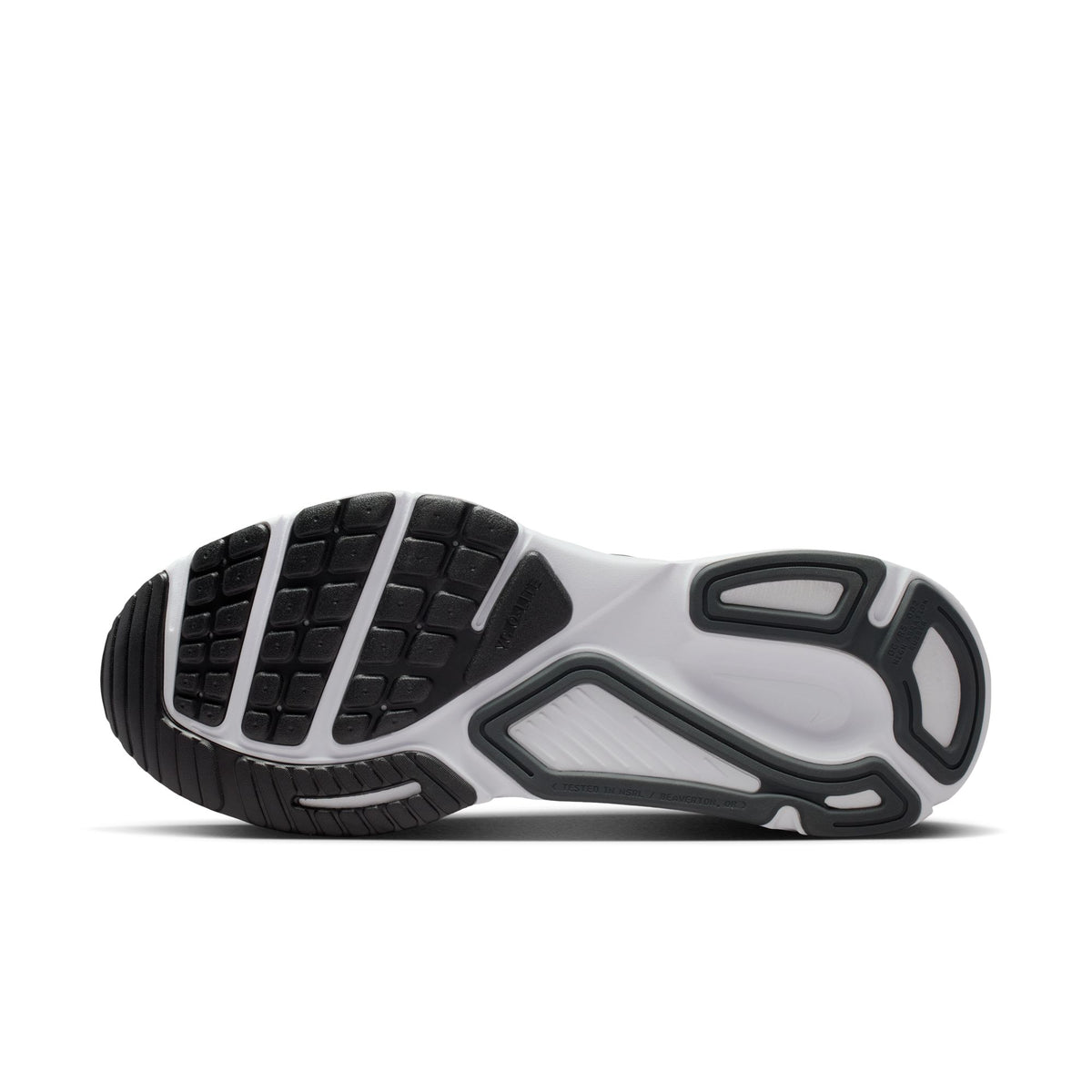 Men's Nike Structure Plus. Black upper. White midsole. Bottom view.