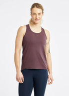 Women's Oiselle Flyout Racerback Tank in Redwood/Ink Blue.