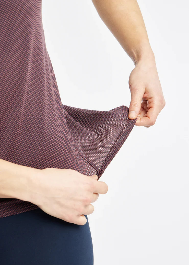 Women's Oiselle Flyout Racerback Tank in Redwood/Ink Blue.