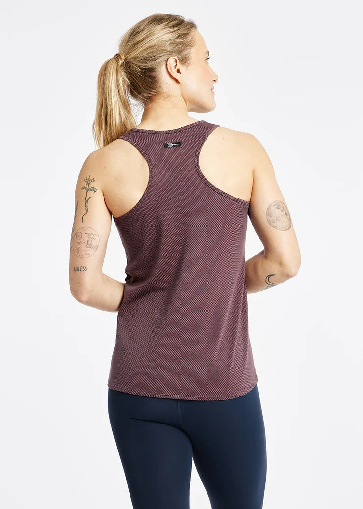 Women's Oiselle Flyout Racerback Tank in Redwood/Ink Blue.