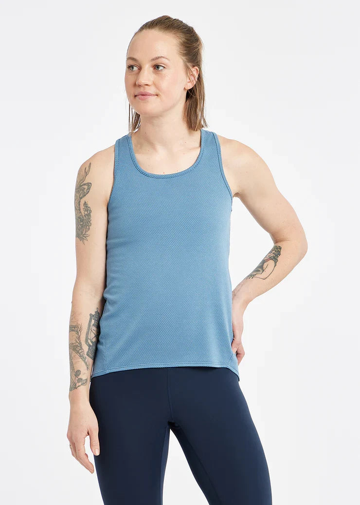 Women's Oiselle Flyout Racerback Tank in Stratus blue-green.