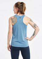 Women's Oiselle Flyout Racerback Tank in Stratus blue-green.