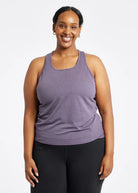 Women's Oiselle Flyout Racerback Tank in Twilight purple.