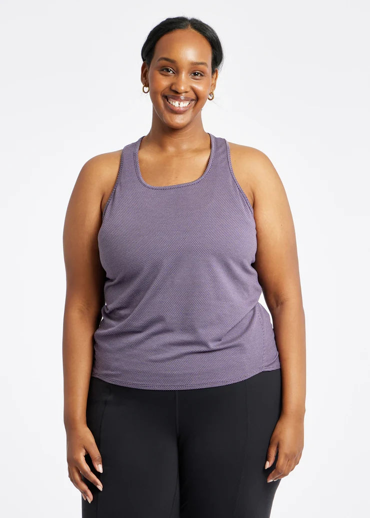 Women's Oiselle Flyout Racerback Tank in Twilight purple.