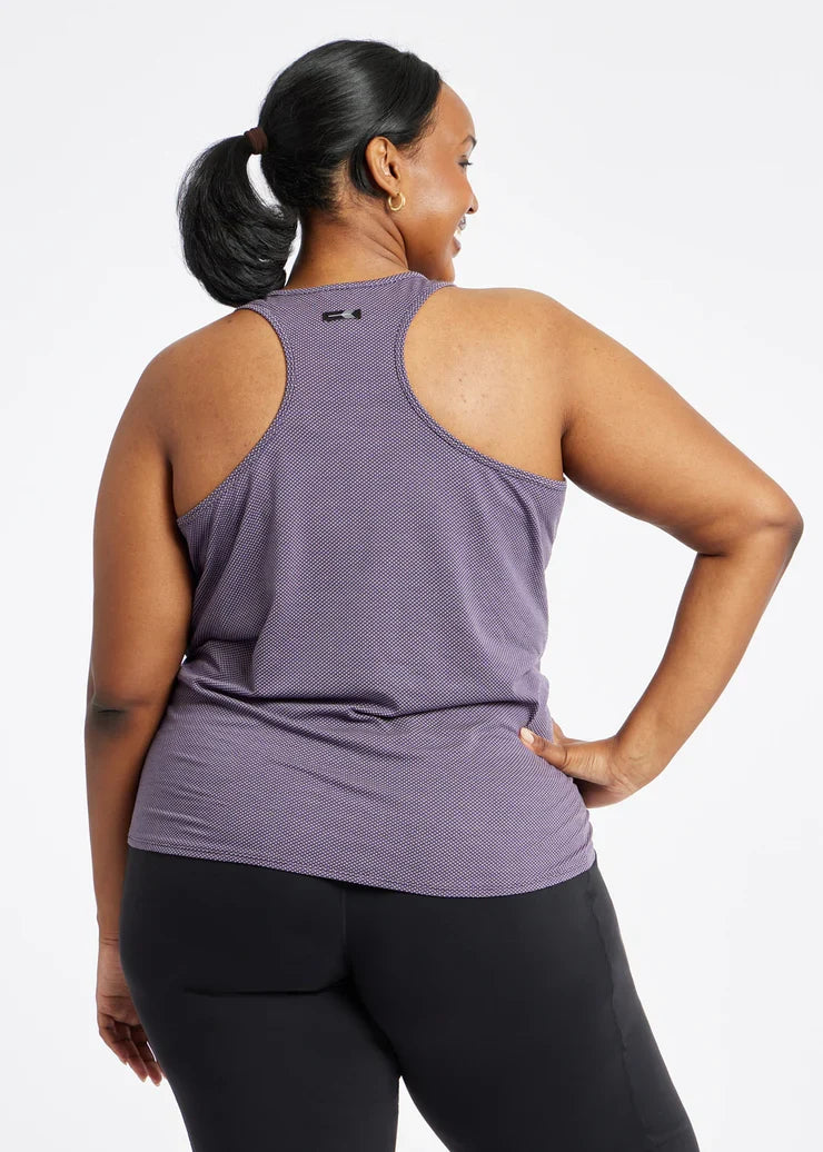 Women's Oiselle Flyout Racerback Tank in Twilight purple.
