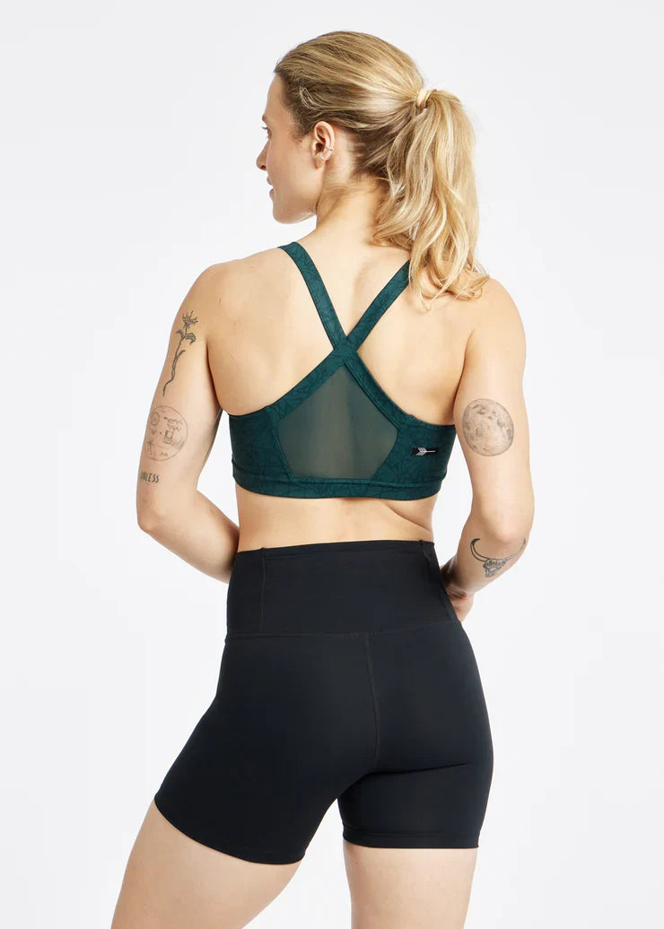Women's Oiselle Hi Twenty Bra in Juniper Monarch, detail view