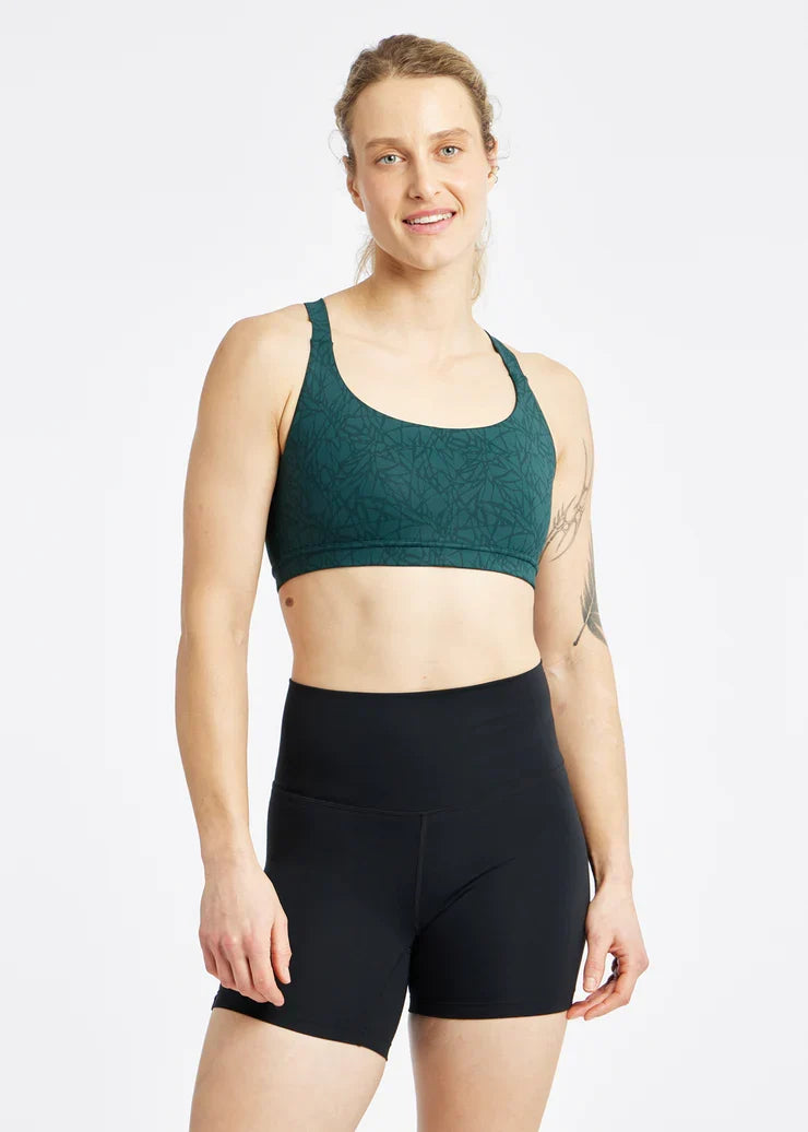 Women's Oiselle Hi Twenty Bra in Juniper Monarch, rear view