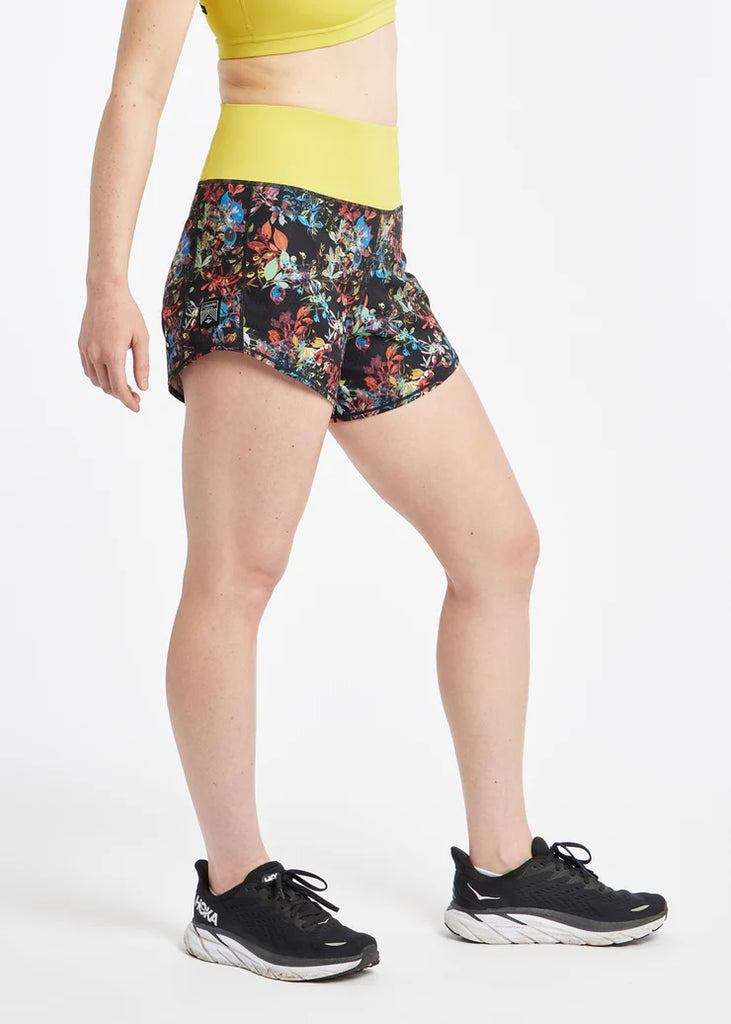 Women's Oiselle High Rise Roga Shorts. Floral patterned.