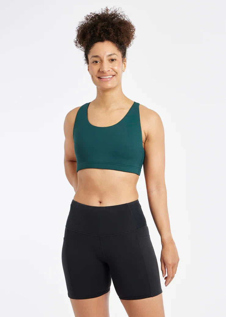 Women's Oiselle Open Lane Bra in Juniper, rear view
