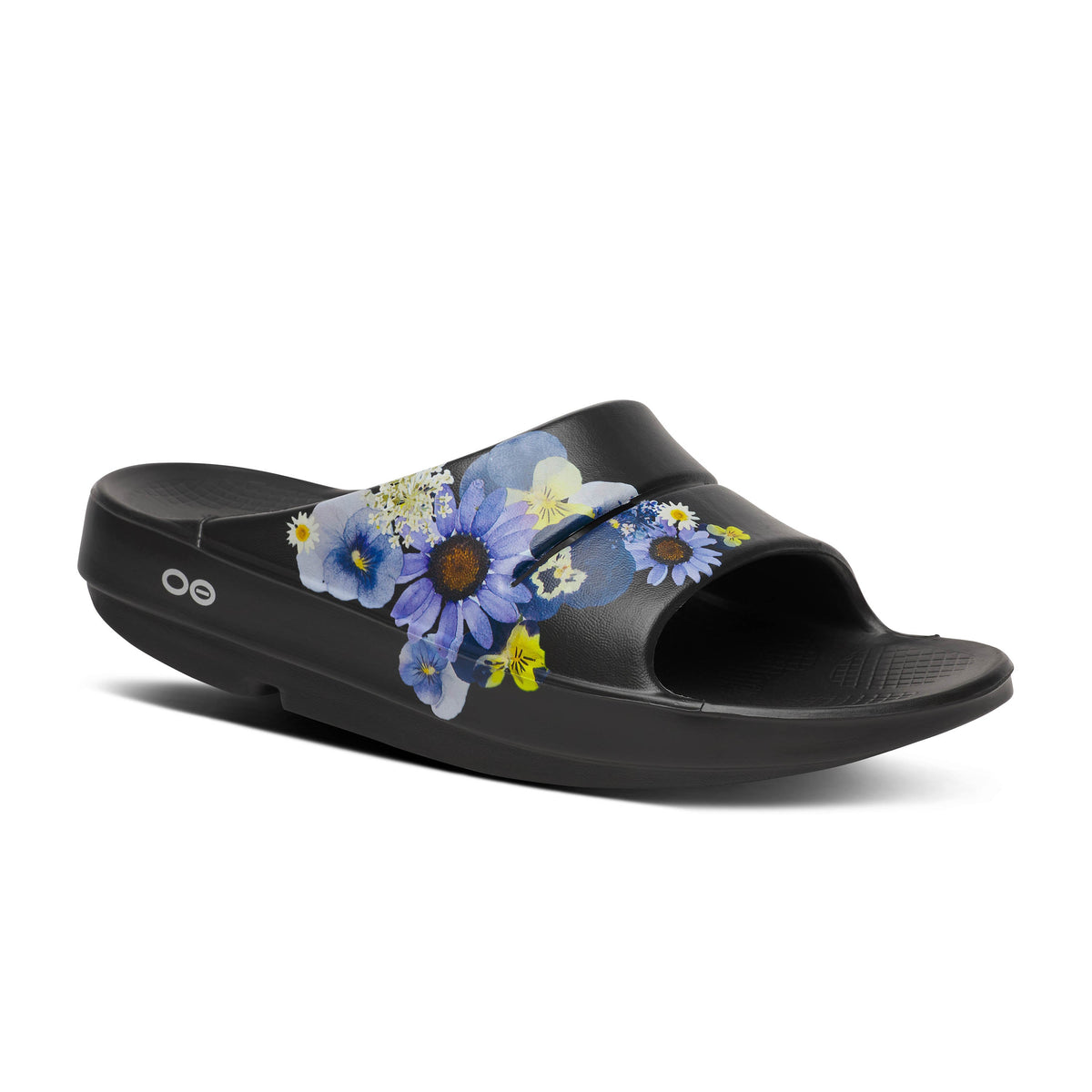 Oofos OOahh Limited Slide women's Black/Blossom colorway, lateral view.