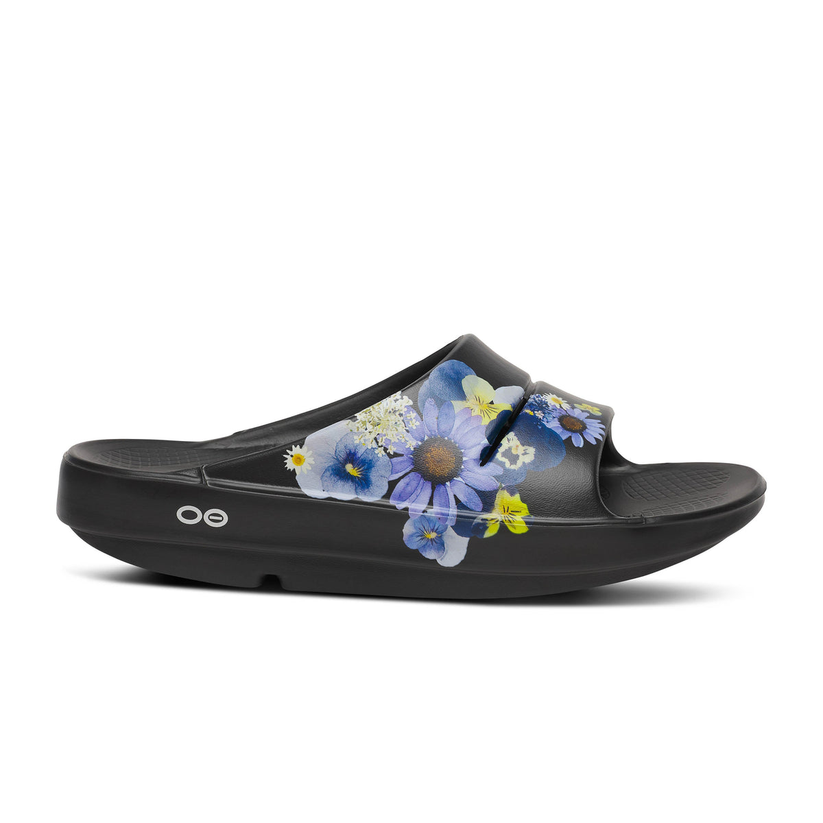 Oofos OOahh Limited Slide women's Black/Blossom colorway, alternate lateral view.