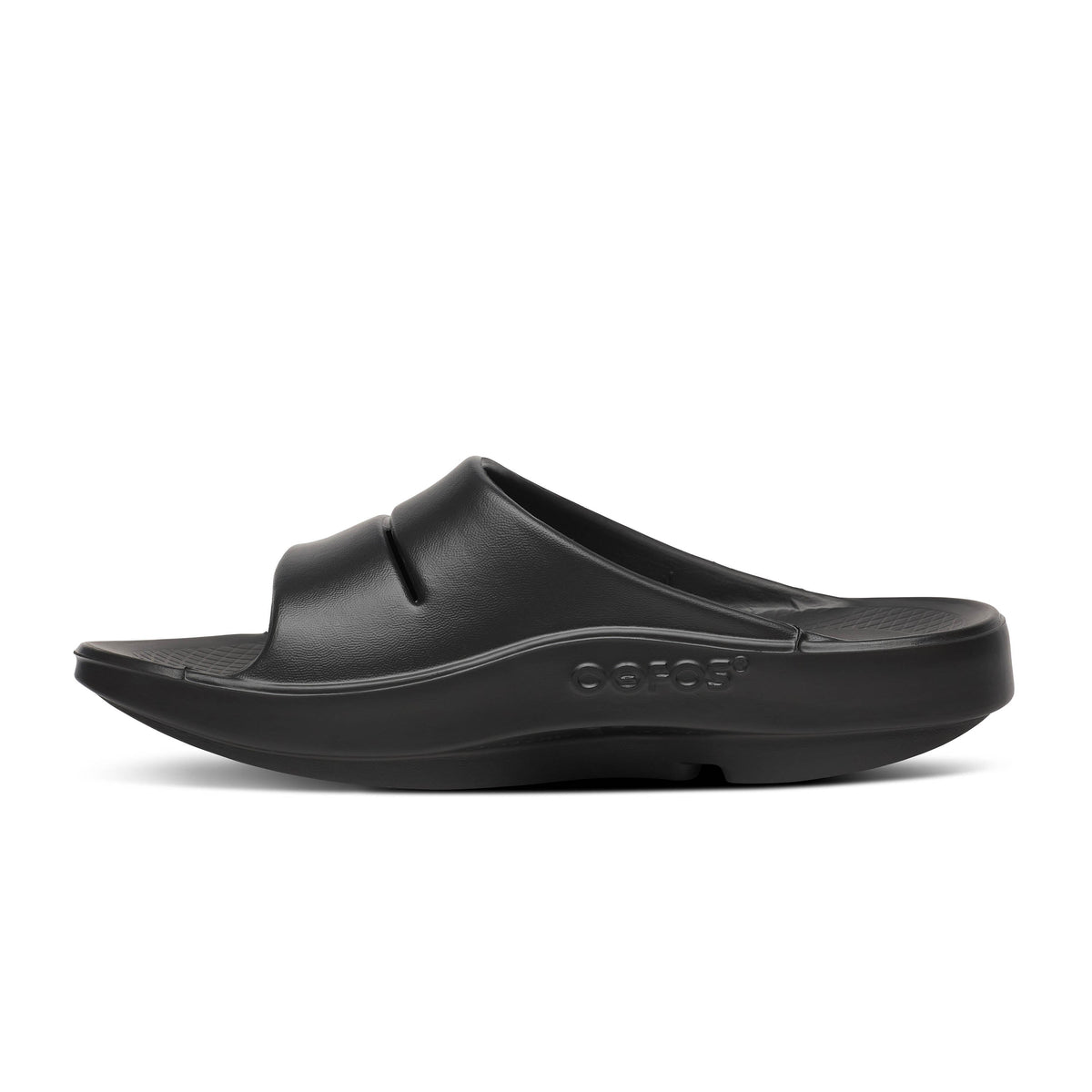 Oofos OOahh Limited Slide women's Black/Blossom colorway, medial view.