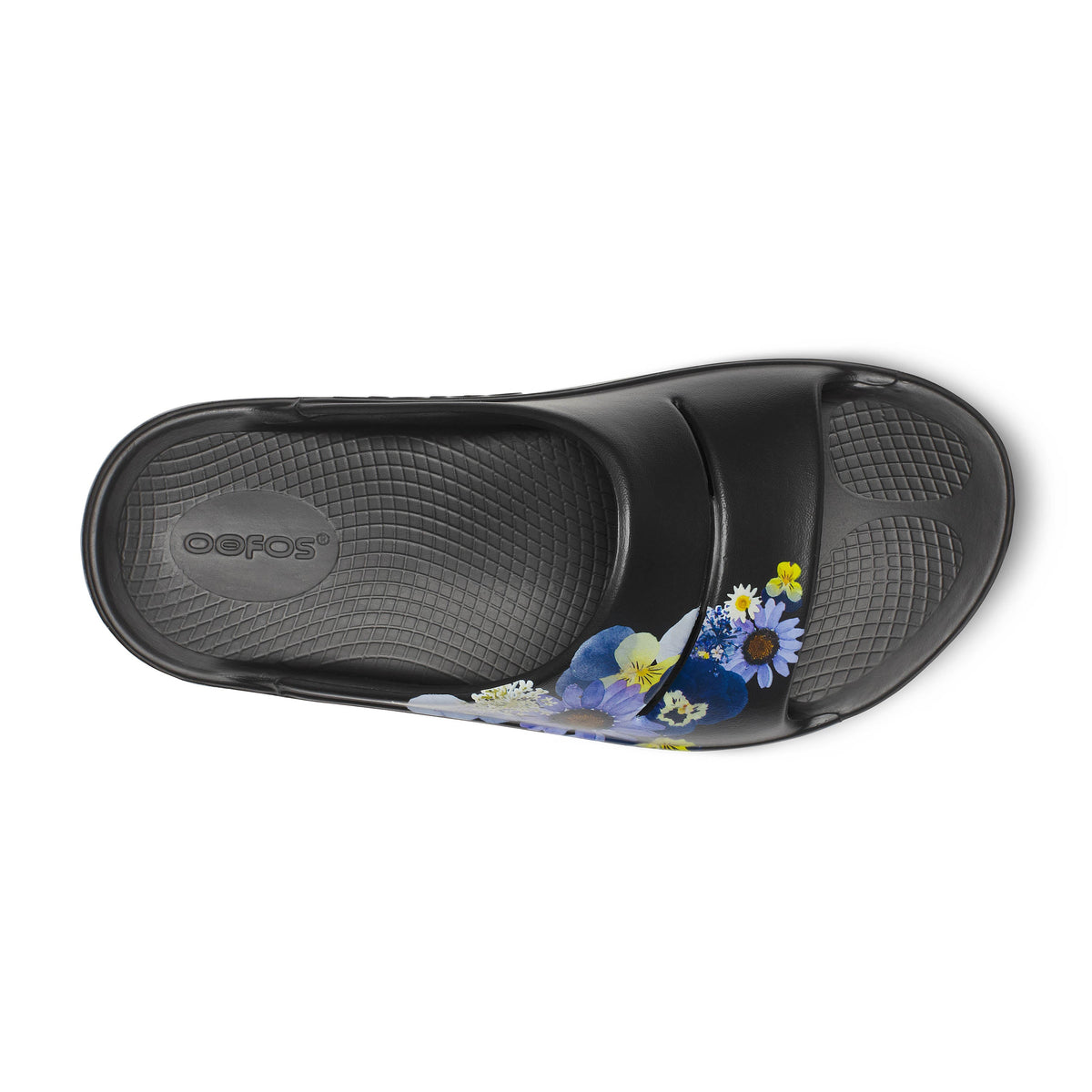 Oofos OOahh Limited Slide women's Black/Blossom colorway, top view.
