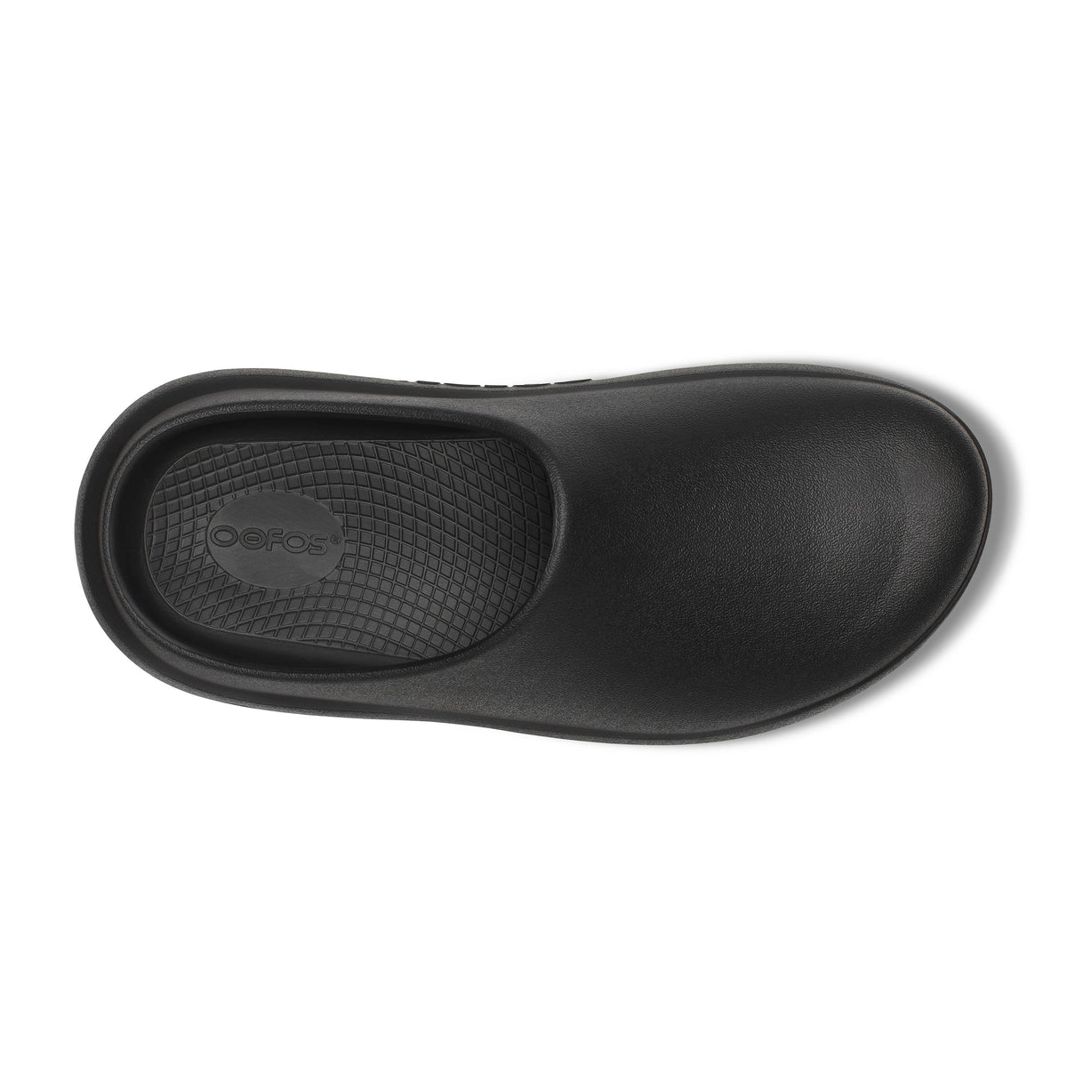 Oofos Ooclog+ Clog. Black colorway. Top view.