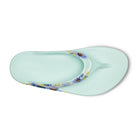 Oofos Oolala Limited Thong. Mint colorway with floral pattern. Top view.