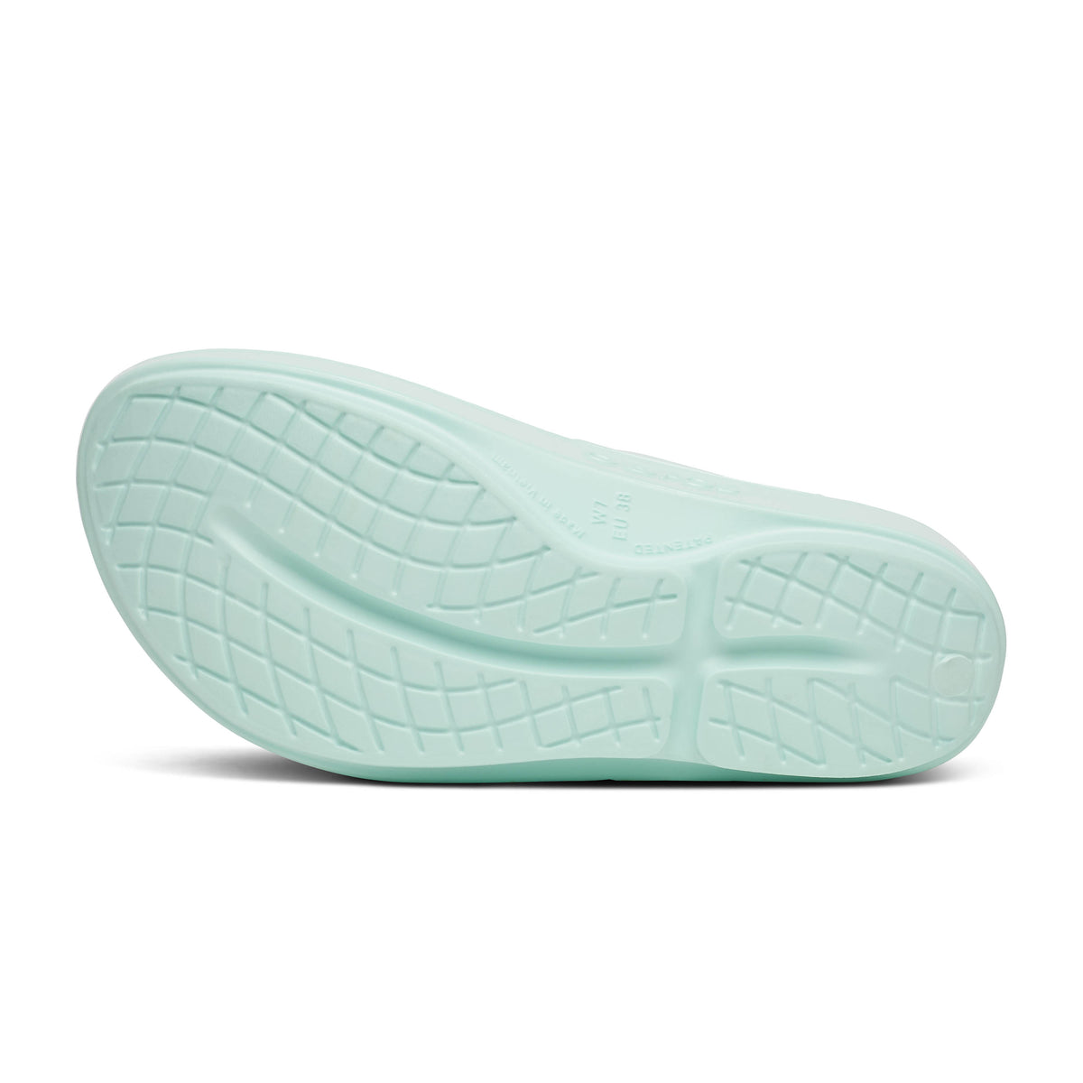 Oofos Oolala Limited Thong. Mint colorway with floral pattern. Bottom view.