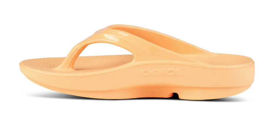 Oofos Oolala Sandal. Orange. Medial view.