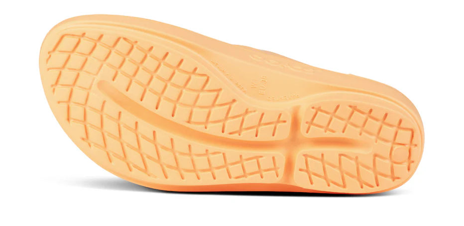Oofos Oolala Sandal. Orange. Bottom view.