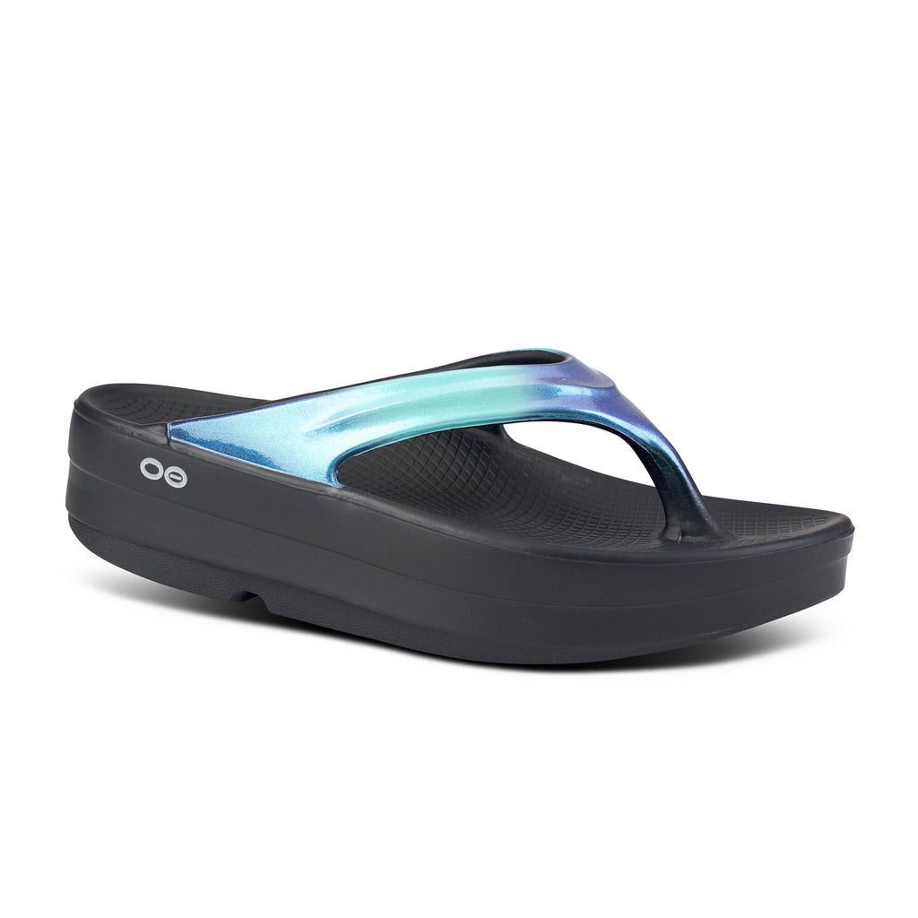 Women's Oofos Oomega Luxe. Teal/Black. Lateral view.
