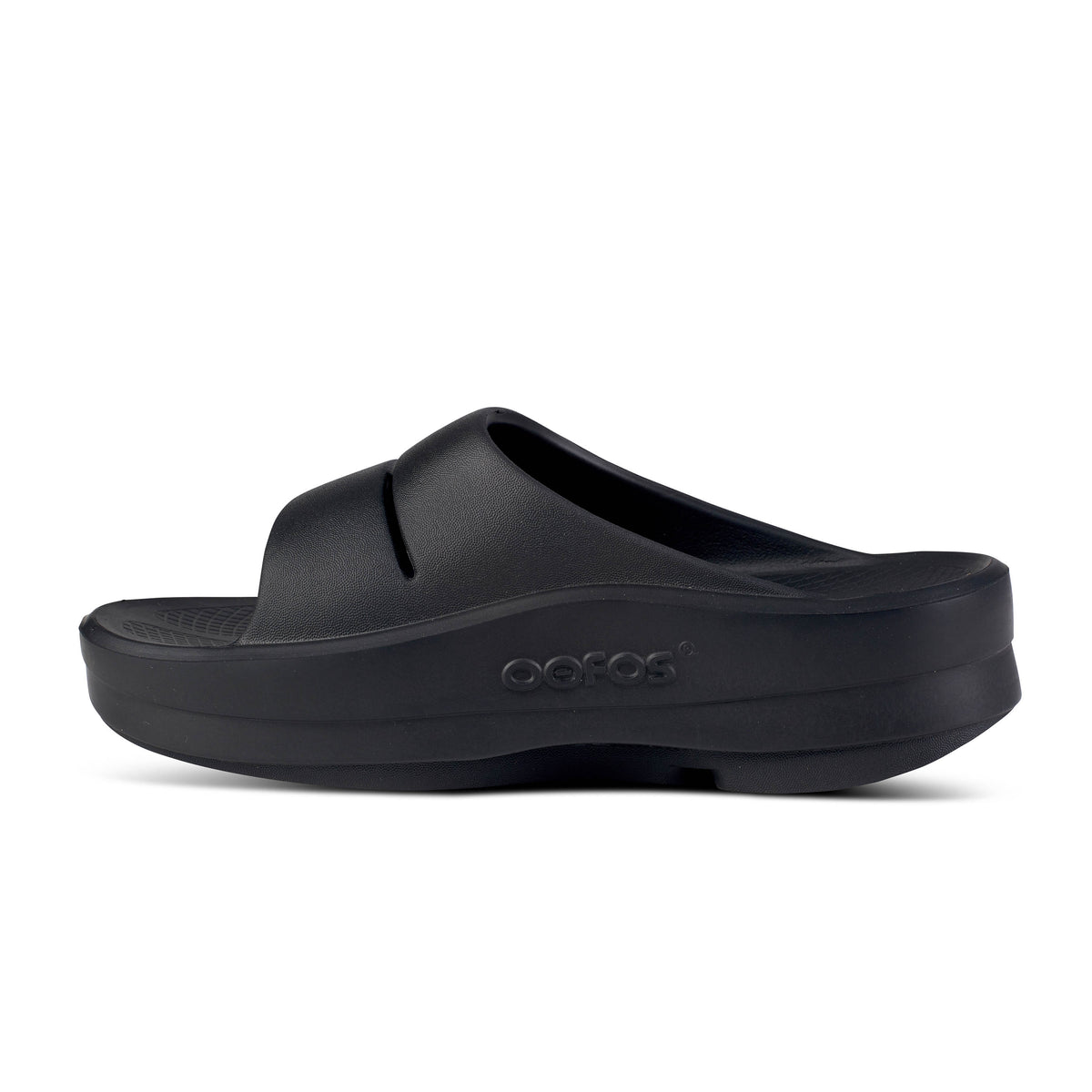 Womens Oofos Oomega Ooahh. Black. Medial view.