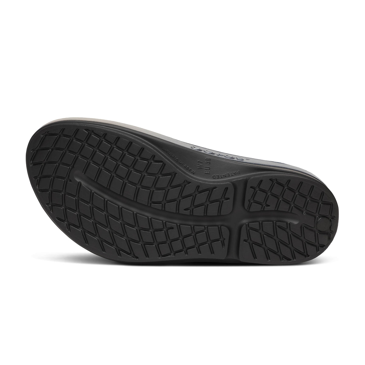 Women's OOFOS OOmega OOlala Luxe Sandal in Latte Fade. Gold and black. Bottom view.