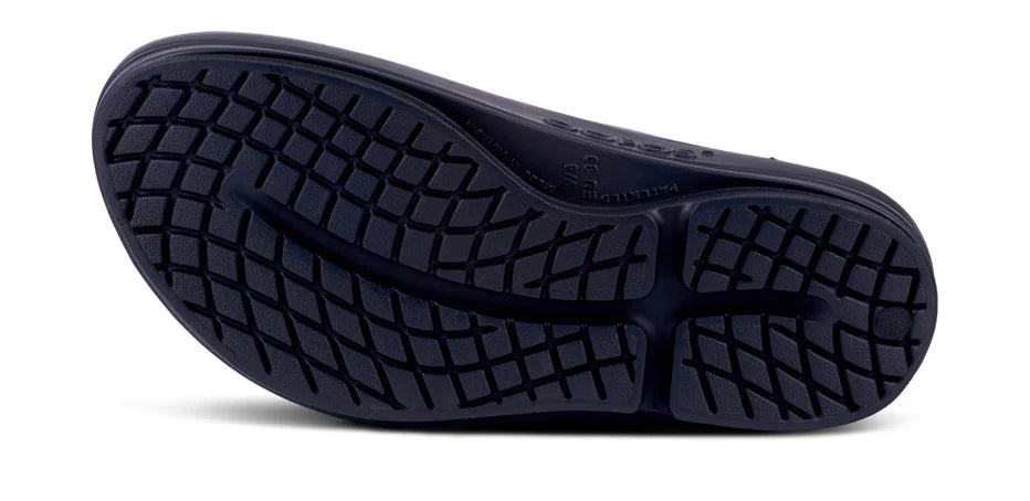 Oofos OOmega Oolala Sandal. Black. Bottom view.