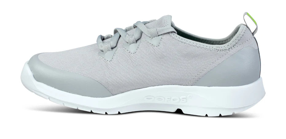 Oofos OOmg Sport LS Shoe. Gray upper. White midsole. Medial view.