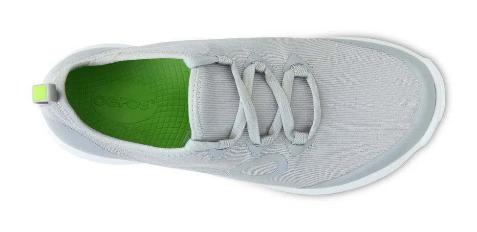 Oofos OOmg Sport LS Shoe. Gray upper. White midsole. Top view.