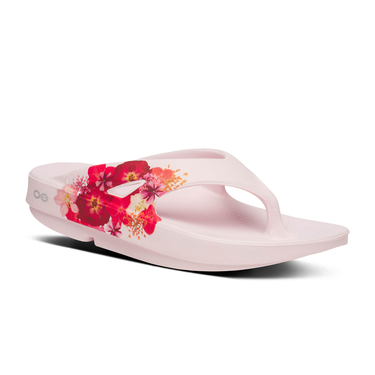 Oofos Ooriginal Limited Thong. Pink colorway with floral pattern. Lateral view.
