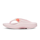 Oofos Ooriginal Limited Thong. Pink colorway with floral pattern. Medial view.