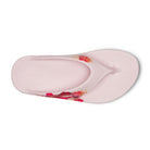 Oofos Ooriginal Limited Thong. Pink colorway with floral pattern. Top view.