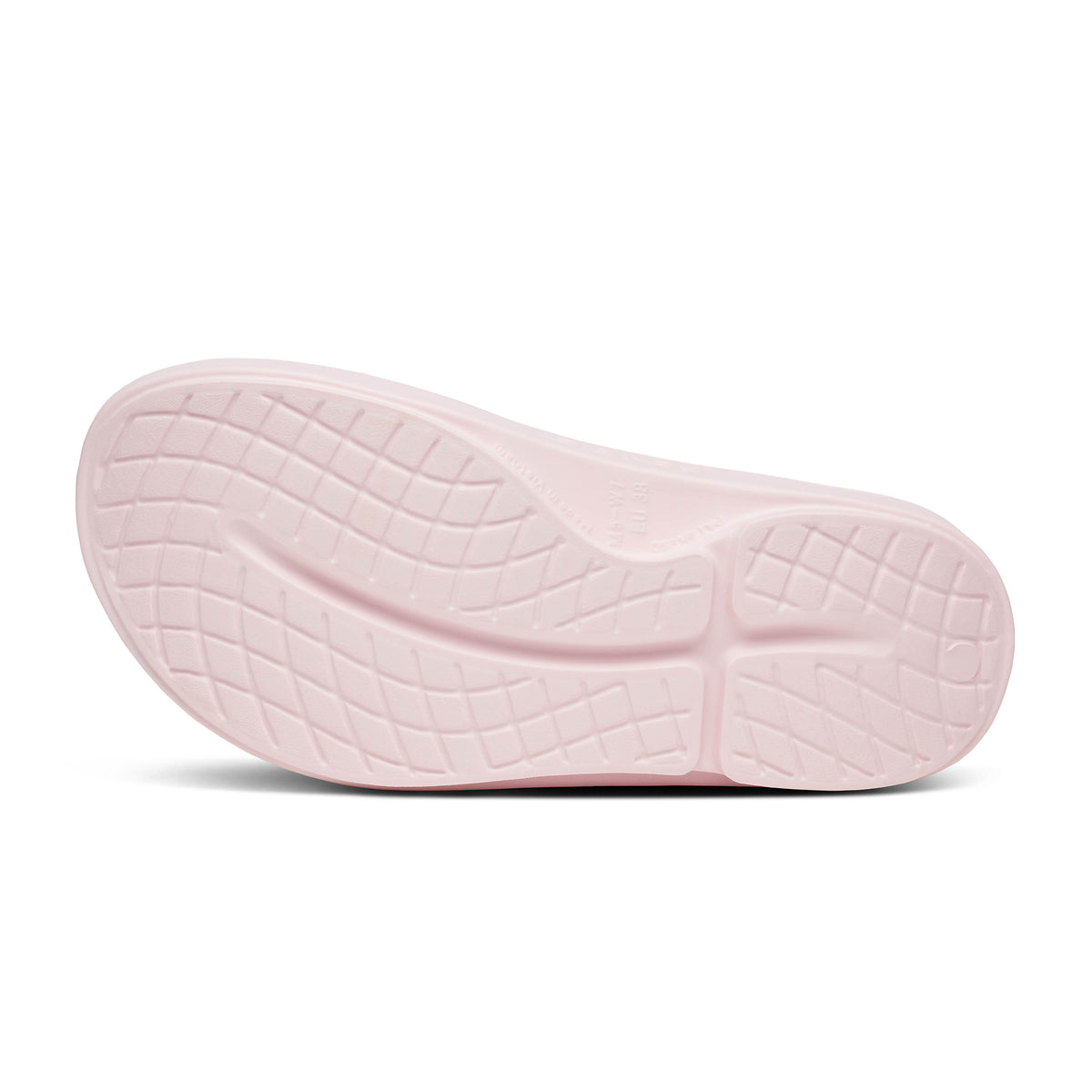 Oofos Ooriginal Limited Thong. Pink colorway with floral pattern. Bottom view.