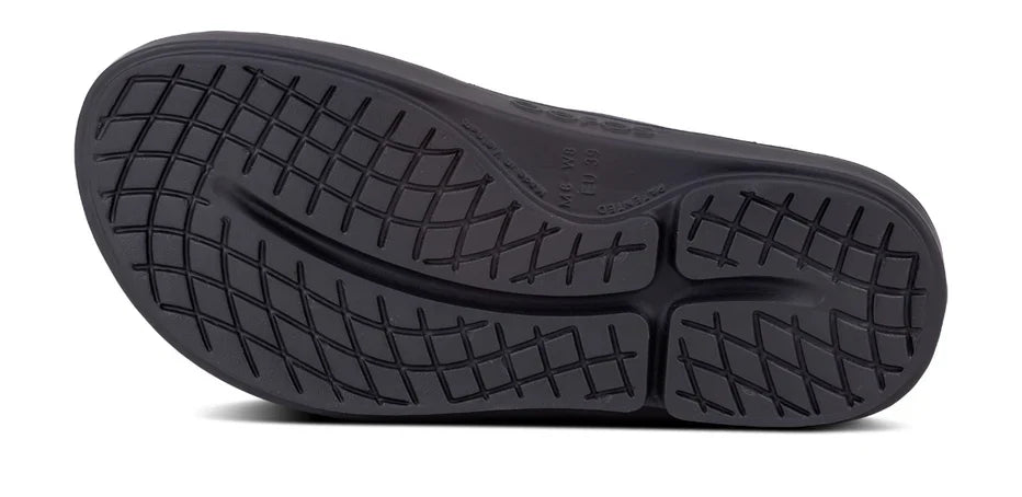 OOFOS OOriginal Sport Sandal in Graphite. Gray upper and black midsole. Bottom view.