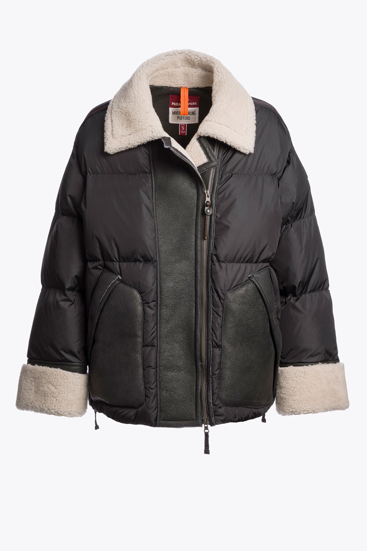 Women's Parajumpers Chyna short puffer in Off Black and Black, front view.