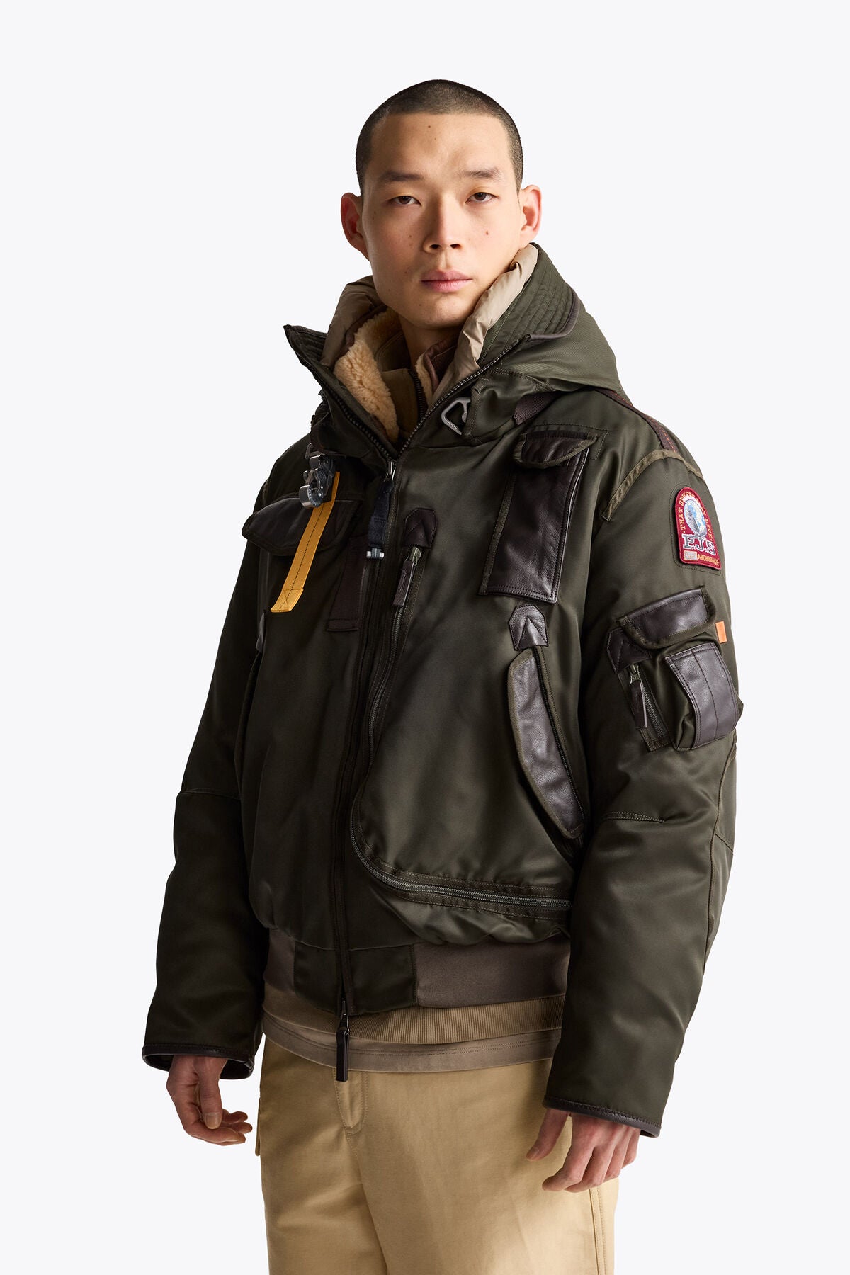 Parajumpers Gobi 20th men's down bomber in Rosemary, lifestyle view