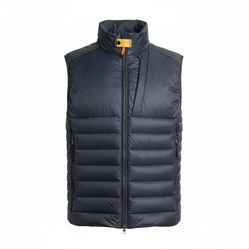 Dark gray puffer vest with a gold zipper on a white background