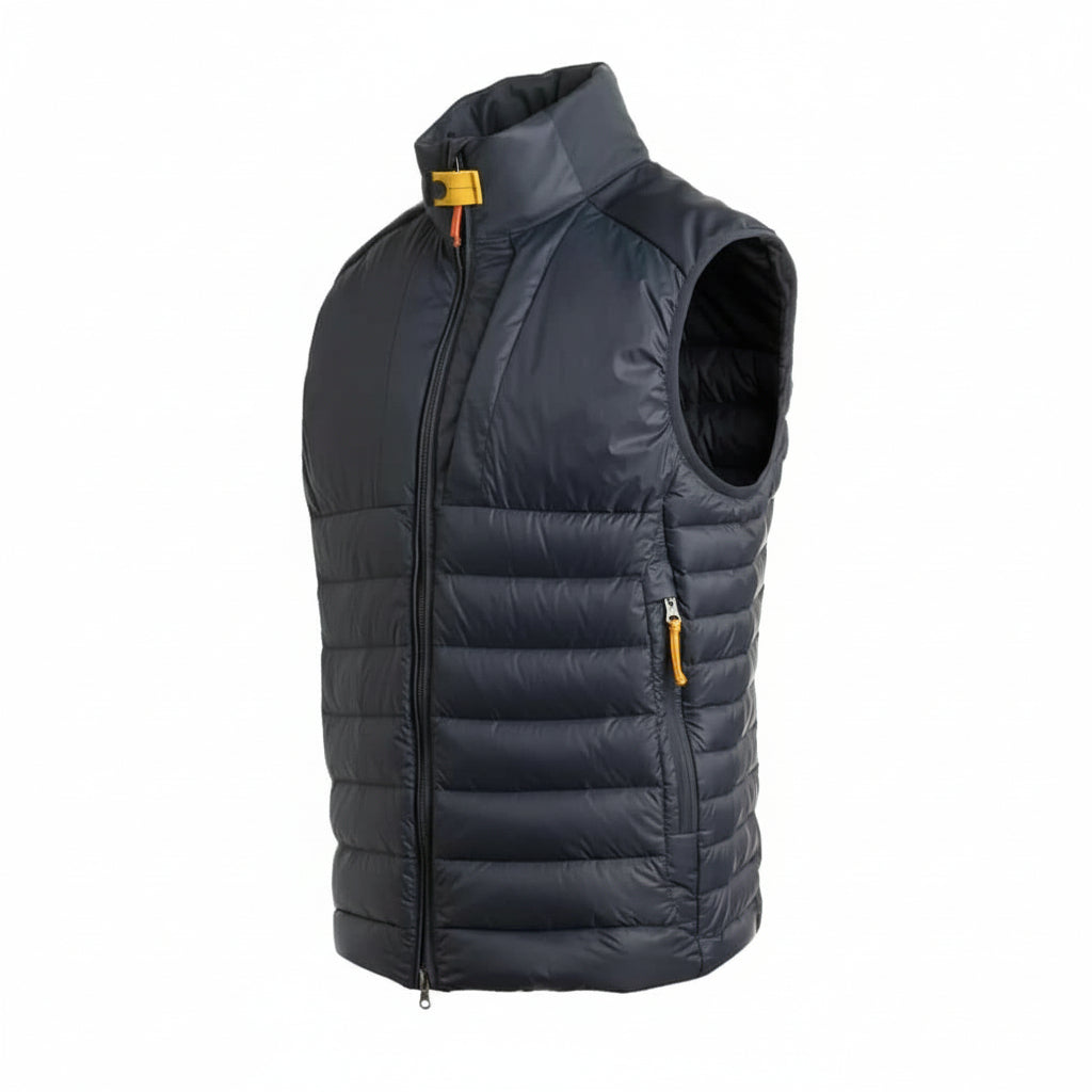 Dark gray puffer vest with a yellow zipper on a white background