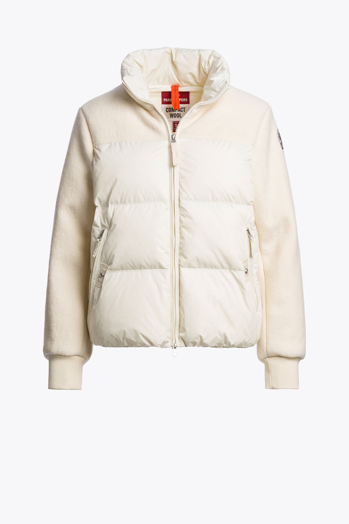 Women's Parajumpers Saboga hybrid jacket in Warm Ivory, front view.