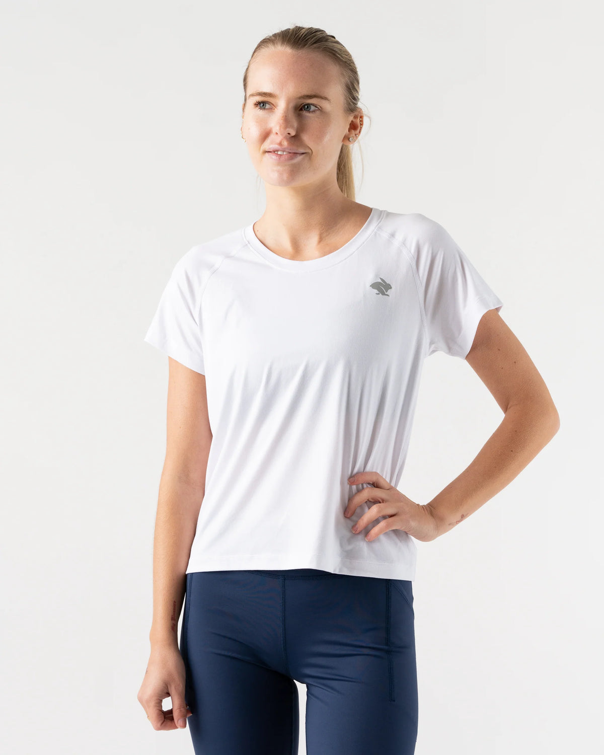 Women's rabbit EZ Cropped Tee. White. Front view.