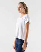 Women's rabbit EZ Cropped Tee. White. Front/Lateral view.