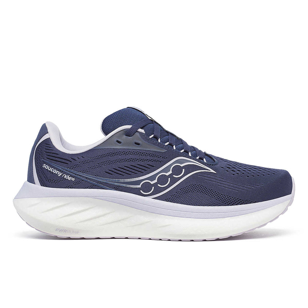Women's Saucony Ride 18. Navy upper. White midsole. Lateral view.