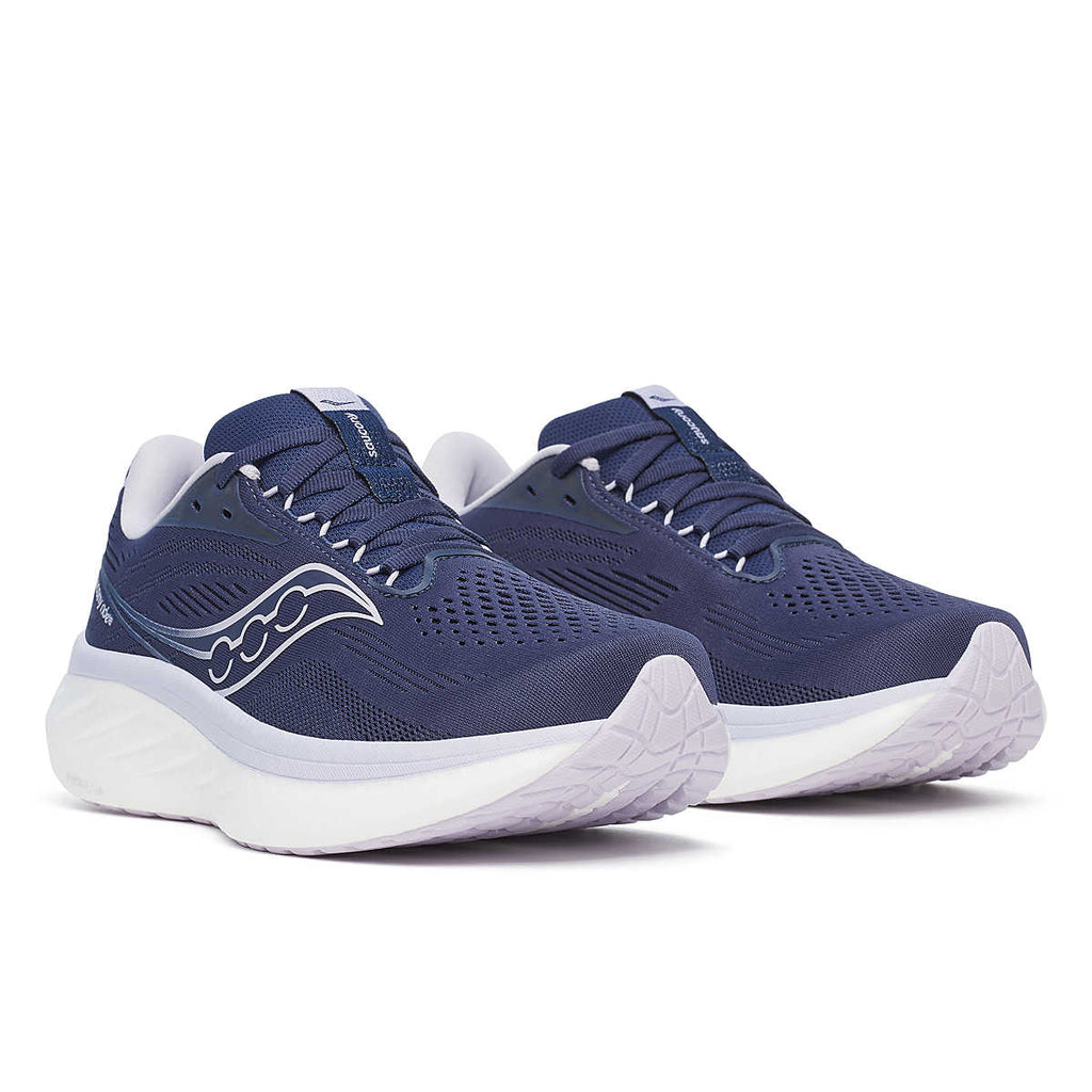 Women's Saucony Ride 18. Navy upper. White midsole. Lateral view.