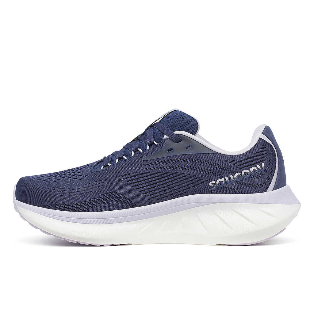 Women's Saucony Ride 18. Navy upper. White midsole. Medial view.