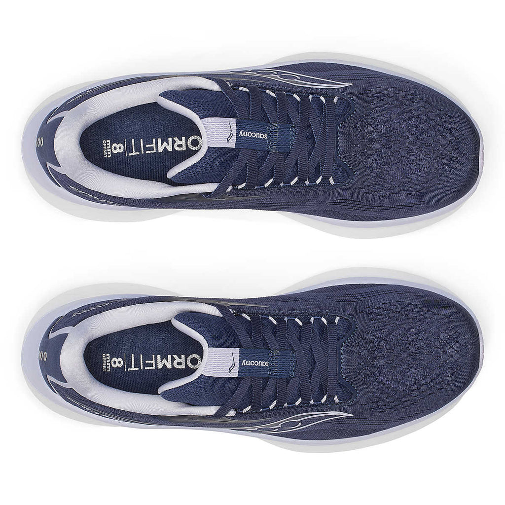 Women's Saucony Ride 18. Navy upper. White midsole. Top view.
