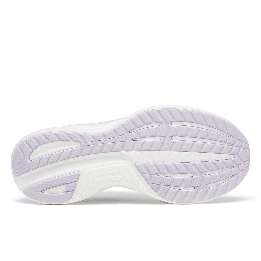 Women's Saucony Ride 18. Navy upper. White midsole. Bottom view.